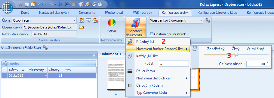 Nastavení separace prázdným listem